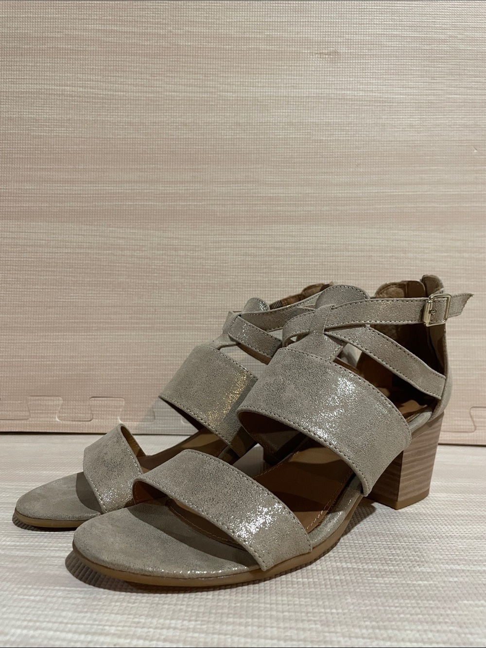 Metallic Neutral Strappy Block Heel Sandals